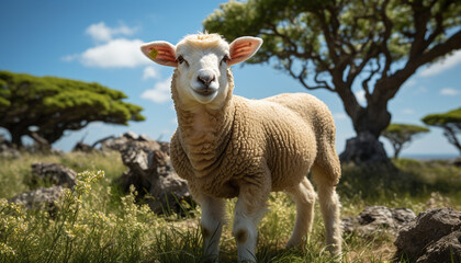 Sticker - Cute lamb grazing in green meadow, surrounded by nature generated by AI