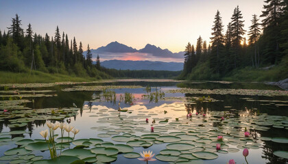 Wall Mural - Sunrise over a lake filled with flowers and lily pads with a mountain in the distance