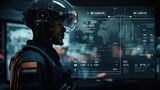 Fototapeta  - a tablet computer displaying AI control interfaces, augmented reality overlays, and online coordination tools, showcasing the integration of artificial intelligence in directing military forces.