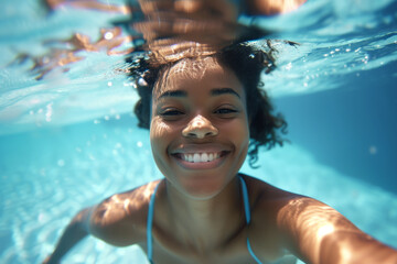 Beauty woman smiling and posing underwater in pool. Underwater portrait of smiling female wearing in a blue bathing suit in swimming pool, beautiful turquoise water. Close-up