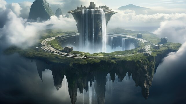 a colossal, floating island in the sky, held aloft by anti-gravity technology, with waterfalls casca