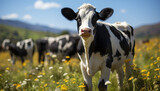 Fototapeta  - Cows grazing in green meadow, enjoying the summer sun generated by AI