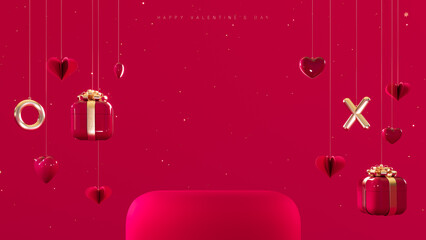 Wall Mural - Empty round stage or podium for product showing. Valentine's Day mockup scene decorated with gift box and hearts on red background with copy space. 3D Rendering, 3D Illustration