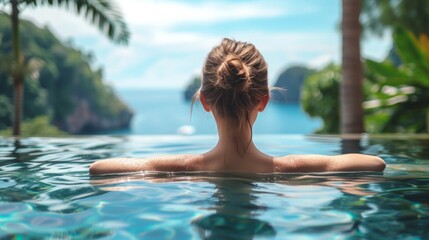 Wall Mural - a picturesque scene of a young woman lounging in a pool