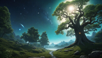 Wall Mural - trees, epic fantasy forest, epic landscape, space background, vibrant fantasy city background