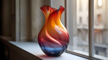 a colourful murano glass vase with red, orange and blue colours