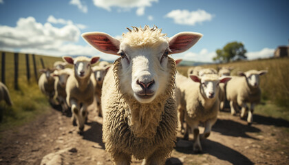 Poster - Cute sheep grazing in green meadow, farmer looks at camera generated by AI