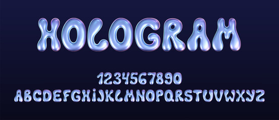 Wall Mural - 3d holographic liquid font in y2k style isolated on a dark background. Render of 3d neon inflated iridescent alphabet and numbers with rainbow effect. 3d vector y2k hologram set of letters.