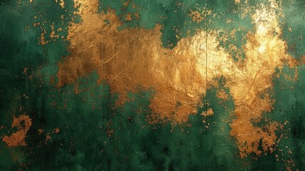 Wall Mural - Generative AI, Green and golden colors rough wall, impasto grunge vintage painting background. Old oil textured painted canvas