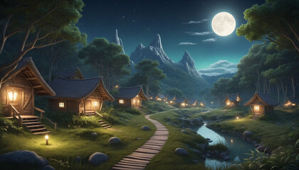 Wall Mural - Pathway to a fantasy village in the forest at night, surreal landscape, moon, planets