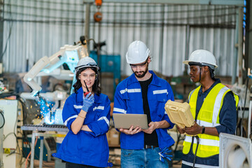 Wall Mural - Artificial intelligence robotic technician concept, Factory engineer inspecting on machine with smart tablet. Worker works at heavy robot arm. Welding with remote system in an manufacturing industrial