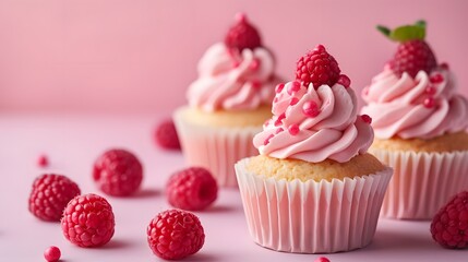 Raspberry cupcakes on a pink background