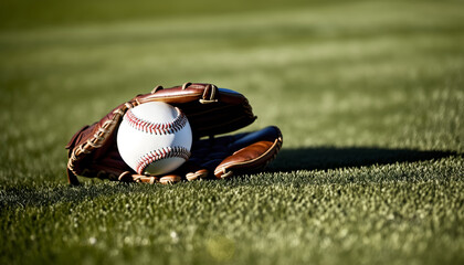 Close-up of a baseball leather glove and baseball on the field