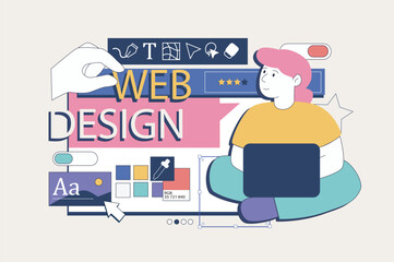 Wall Mural - Web development concept in flat neo brutalism design. Woman creating homepage interface with placing content and buttons on mockup. Vector illustration for social media banner, marketing material.