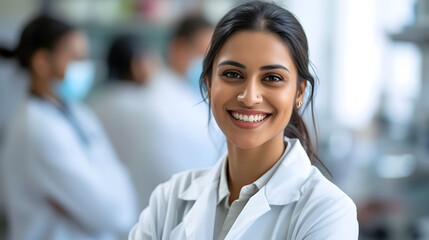 
Smiling attractive indian female doctor in white coat in a laboratory with colleagues in the blurred background