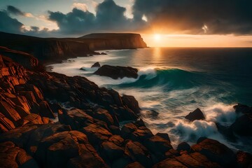 Wall Mural - A serene landscape along the Atlantic Ocean, the sun rising in a burst of colors, illuminating the coast and casting a magical light on the surroundings