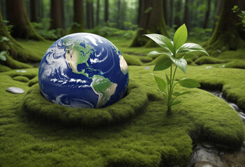 earth globe in a mossy ground with a green leaf, renewable energy, Earth Day, environment protection, save the world, eco green concept