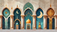 Collection Of Oriental Style Islamic Windows And Arches With Modern Boho Design, Moon, Mosque Dome And Lanterns
