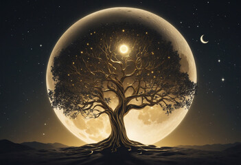 Wall Mural - Golden tree with moon illustration on dark background. Mystical forest. Generative AI