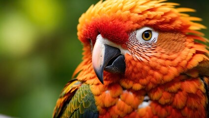 Wall Mural - Red and yellow macaw parrot bird close-up. Tropical parrot look at camera