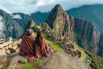 two adventurers find peace and perspective as they sit atop a rocky precipice, gazing at the majesti