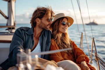 Wall Mural - As the sun sets on the horizon, a woman in stylish sunglasses and a sun hat sits gracefully on the deck of a boat, her partner's protective arm draped around her, as they sail into the vast expanse o