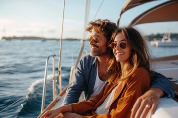 Wall Mural - A man and woman stand on the deck of their boat, the wind whipping through their clothing as they gaze out at the endless expanse of ocean and sky, their faces lit up with joy and adventure