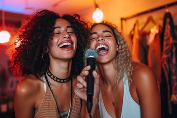 Wall Mural - Two women, adorned in colorful clothing, stand against a wall, their faces filled with joy as they harmonize into the microphone, their voices blending together in perfect harmony