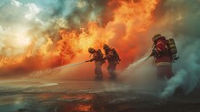 Panoramic Firefighters Using Twirl Water Fog Type Fire Extinguisher To Fighting With The Fire Flame From Oil To Control Fire Not To Spreading Out. Firefighter And Industrial Safety Concept