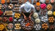 An overhead shot of a pastry chef surrounded by an array of colorful ingredients