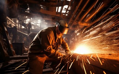 Poster - A skilled welder works diligently in a shipyard, creating sparks as they expertly craft a massive hull. Generative AI.