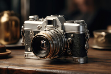 Wall Mural - Vintage camera on a wooden table, representing the art of photography and nostalgia. Generative Ai.