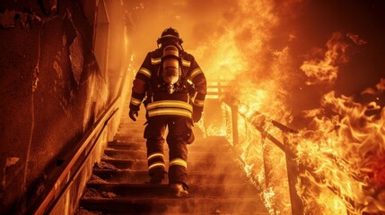 Strong and brave Firefighter Going Up The Stairs in Burning Building. Stairs Burn With Open Flames