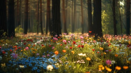 Wall Mural - Spring field of flowers in the middle of a forest