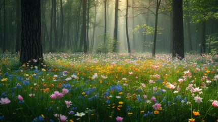 Wall Mural - Spring field of flowers in the middle of a forest