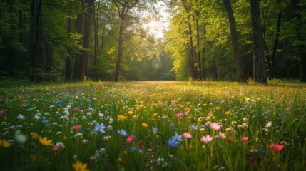 Wall Mural - Spring field of flowers in the middle of a forest