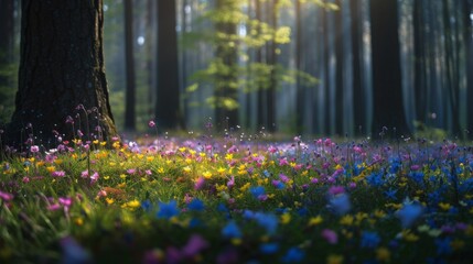Wall Mural - Spring field of flowers in the middle of a forest