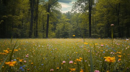 Wall Mural - Spring field of flowers in the middle of a forest