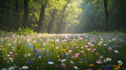 Wall Mural - Spring field of flowers in the middle of a forest