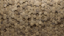 3D, Natural Stone Wall Background With Tiles. Semigloss, Tile Wallpaper With Polished, Hexagonal Blocks. 3D Render