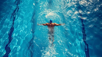 An athlete swimmer is preparing to jump into a blue pool