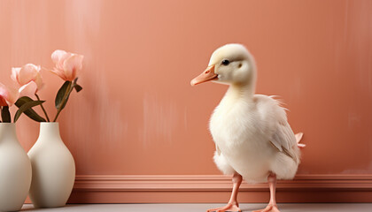 Wall Mural - Cute yellow duckling standing on grass, looking at camera generated by AI