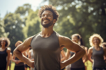 Canvas Print - A fitness instructor leading an outdoor workout class, symbolizing health and community engagement. Generative Ai.