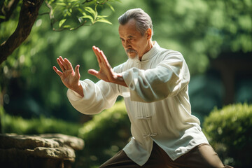 Poster - A person practicing tai chi in a peaceful park, illustrating mindfulness and martial arts. Generative Ai.