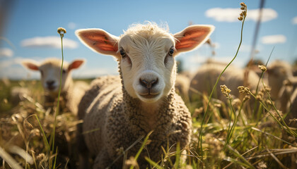 Poster - Cute young lamb grazing in green meadow, looking at camera generated by AI