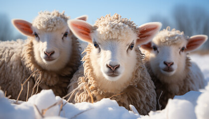 Poster - Cute lamb in snowy meadow, looking at camera innocently generated by AI