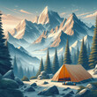 Beautiful illustration of a camping tent on the background of mountains.