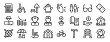 Set Of 24 Outline Web Old Age Icons Such As Bingo, Wheelchair, Park, Teapot, Heart Attack, Elder People, Glasses Vector Icons For Report, Presentation, Diagram, Web Design, Mobile App
