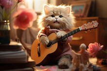 Cute Fluffy Cat Playing Acoustic Guitar In The Room