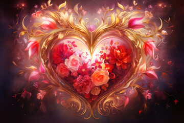 Wall Mural - Ornate golden swirls frame a heart filled with vibrant blooms on a dark backdrop. Love concept